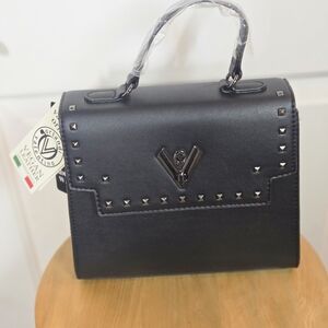 Valentino Orlandi Vegan Leather Black Handbag with Stud Accents